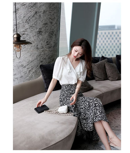 A-Line Print Midi Waist Elastic Floral Skirt