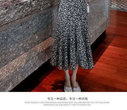A-Line Print Midi Waist Elastic Floral Skirt