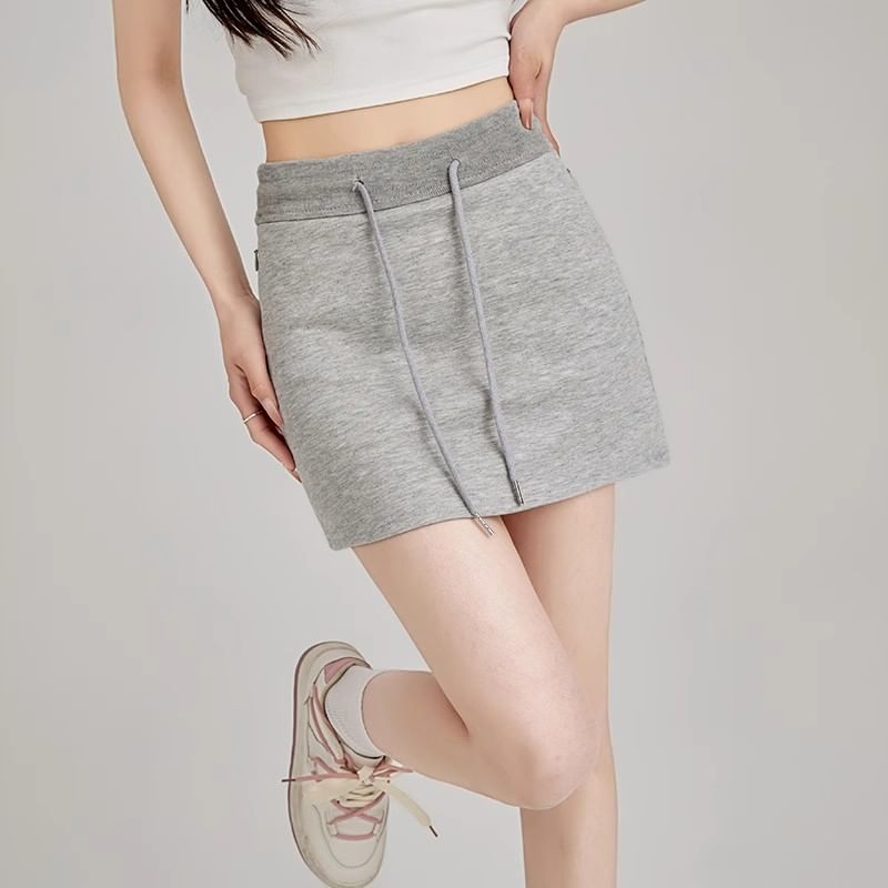 Mini Pencil Drawstring Skirt Waist Plain
