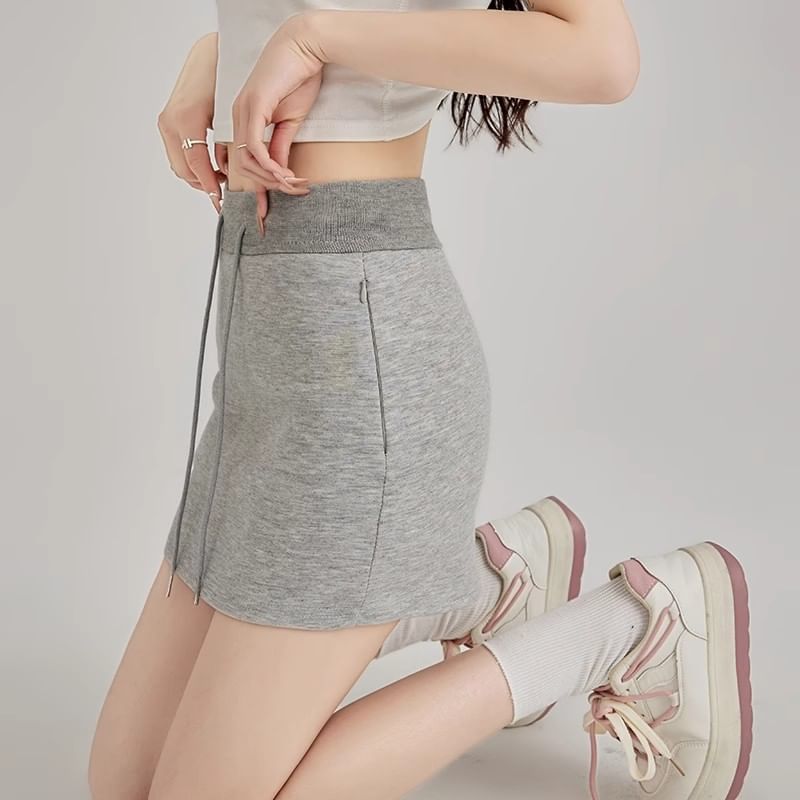 Mini Pencil Drawstring Skirt Waist Plain