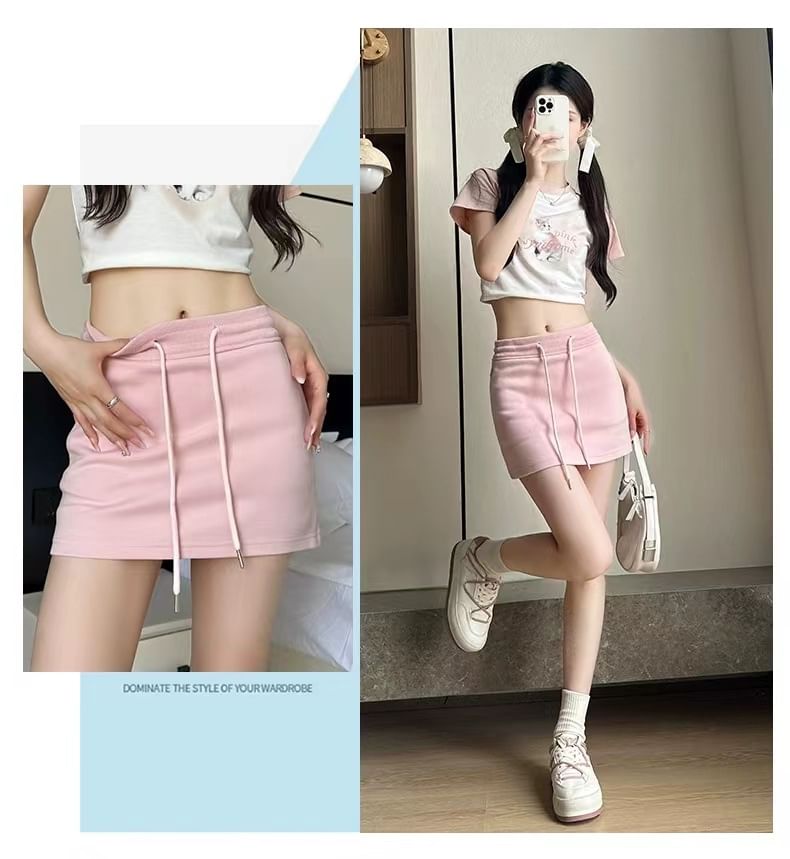 Mini Pencil Drawstring Skirt Waist Plain