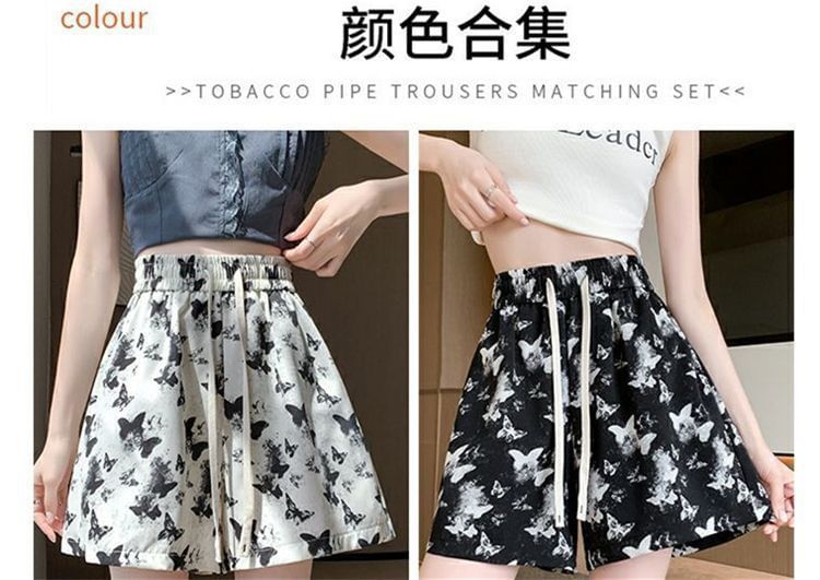 Drawstring Waist Print Shorts Butterfly