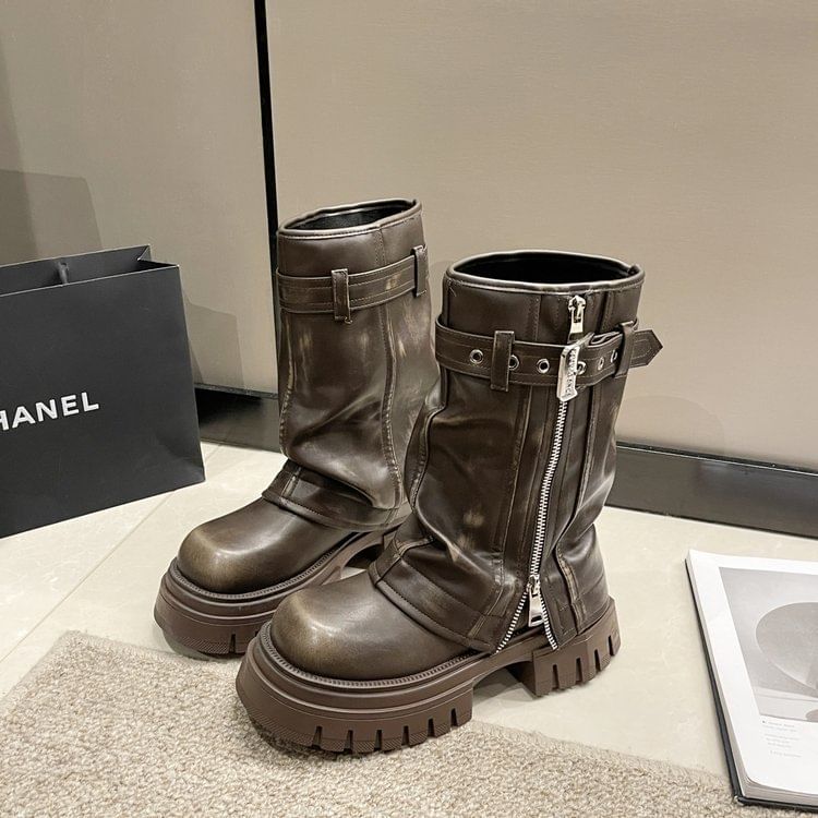 Boots Chunky Heel Mid-Calf Buckled Platform