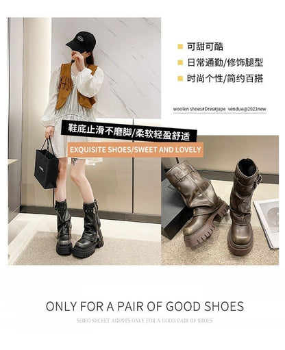 Boots Chunky Heel Mid-Calf Buckled Platform