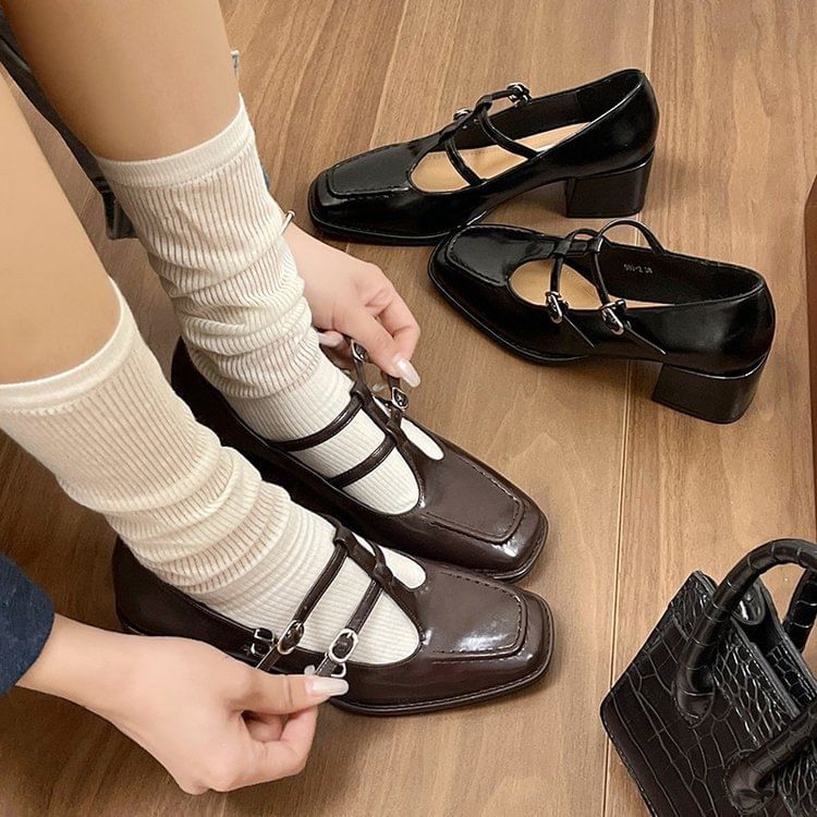 Mary Square Chunky Toe Pumps Jane Heel Double-Strap