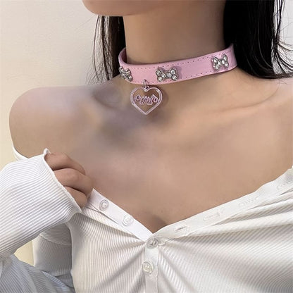Rhinestone Faux Choker Leather Heart
