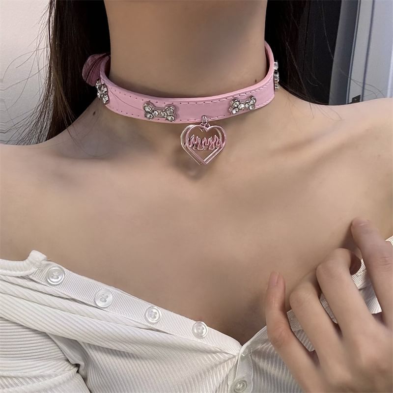 Rhinestone Faux Choker Leather Heart