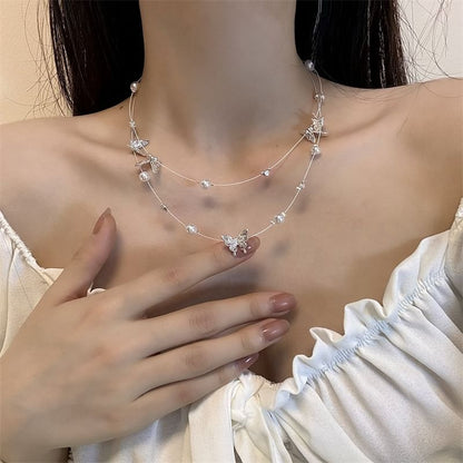 Pearl Faux Layered Butterfly Necklace