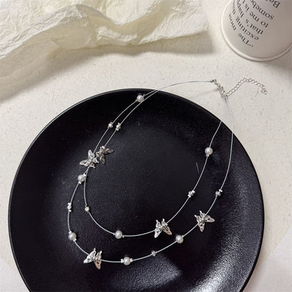 Pearl Faux Layered Butterfly Necklace