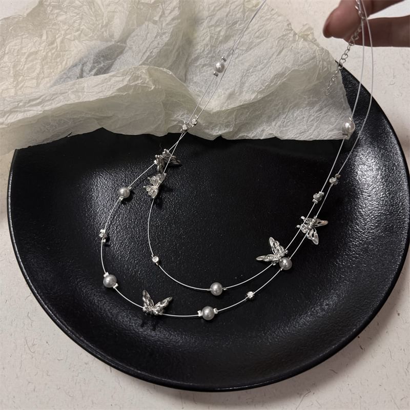 Pearl Faux Layered Butterfly Necklace