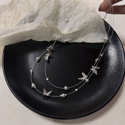 Pearl Faux Layered Butterfly Necklace