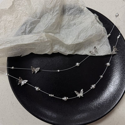 Pearl Faux Layered Butterfly Necklace
