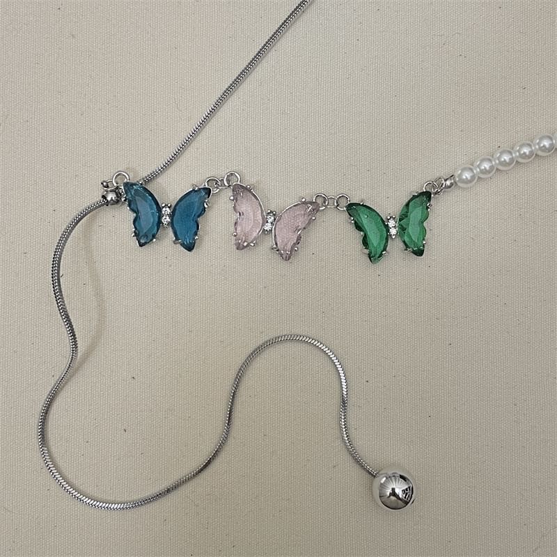 Rhinestone Necklace Faux Pearl Butterfly