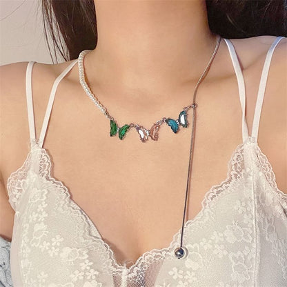 Rhinestone Necklace Faux Pearl Butterfly