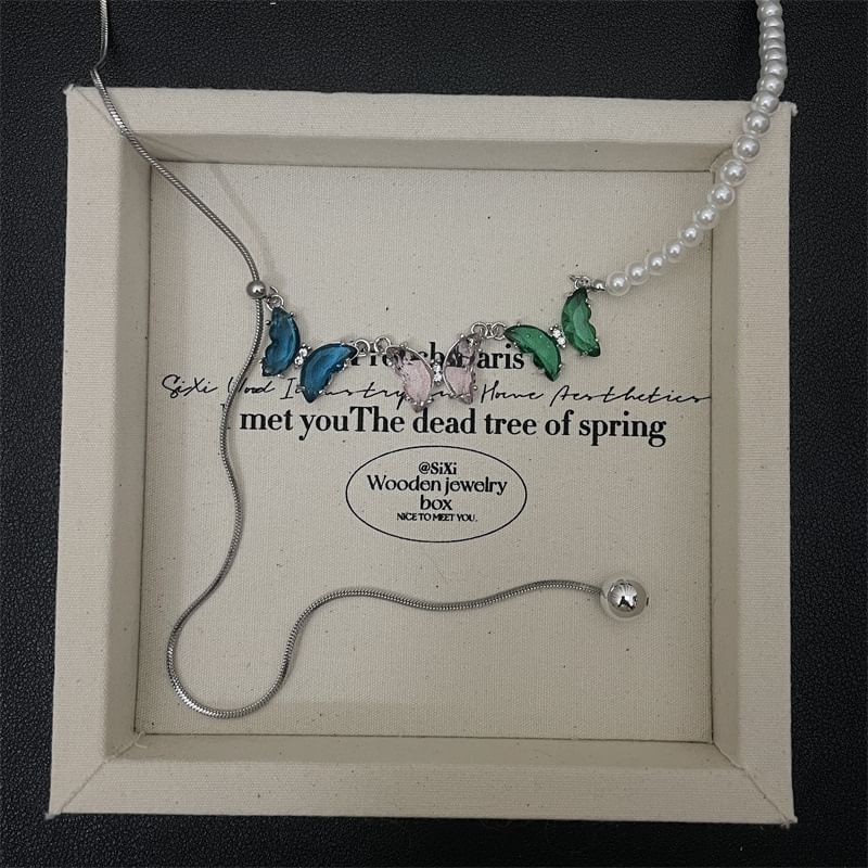 Rhinestone Necklace Faux Pearl Butterfly