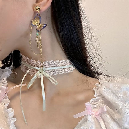 Earring / Choker Bow Cross Drop Lace Butterfly