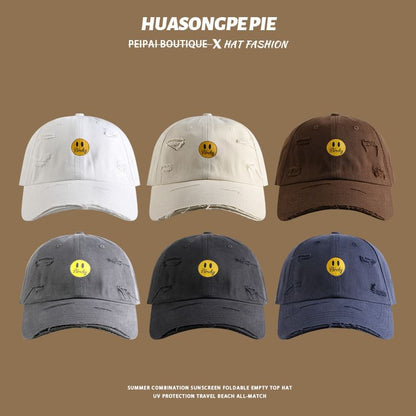 Cap Smiley Print Face Distressed Baseball