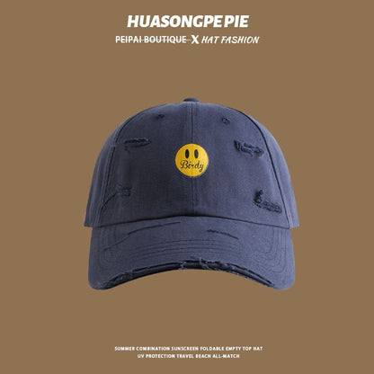 Cap Smiley Print Face Distressed Baseball