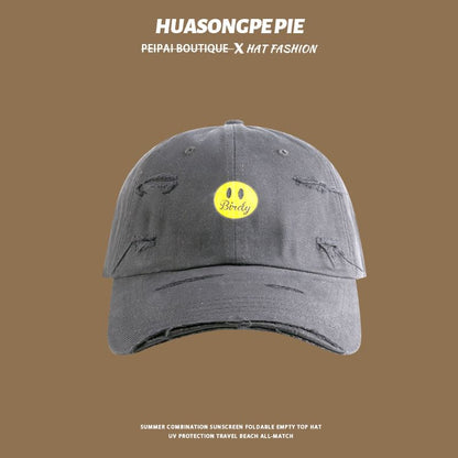 Cap Smiley Print Face Distressed Baseball