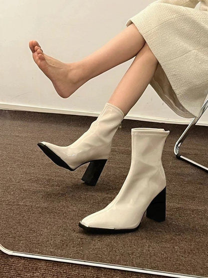 Sample Chunky Heel Plain Zip-Up Patent Leather Short Boots