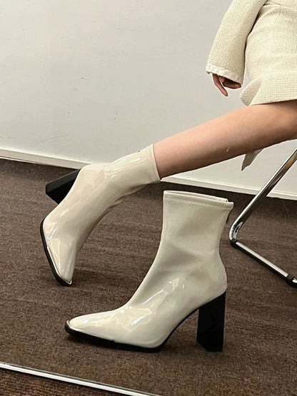 Sample Chunky Heel Plain Zip-Up Patent Leather Short Boots
