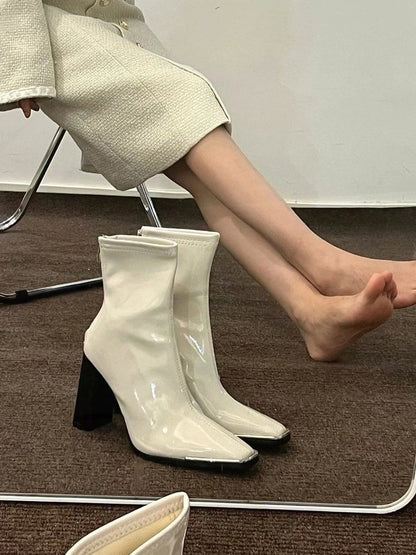 Sample Chunky Heel Plain Zip-Up Patent Leather Short Boots