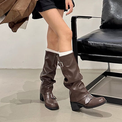 Sample Chunky Heel Plain Buckled Faux Leather Tall Boots