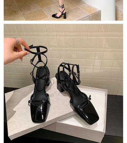 Sample Chunky Heel Square Toe Plain Buckled Faux Leather High Top Sandals