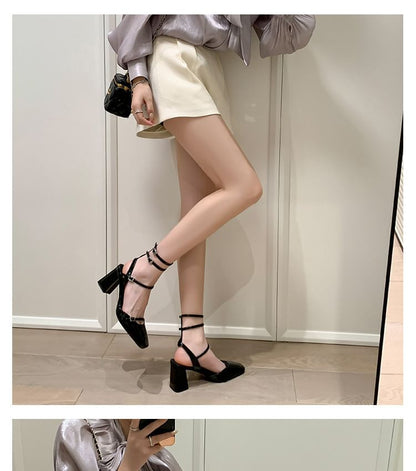 Sample Chunky Heel Square Toe Plain Buckled Faux Leather High Top Sandals