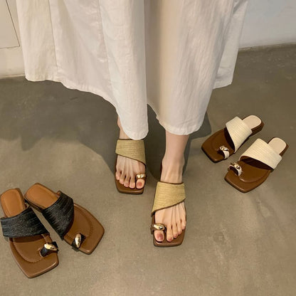 Sample Chunky Heel Square Toe Metal Accent Straw Toe Loop Sandals