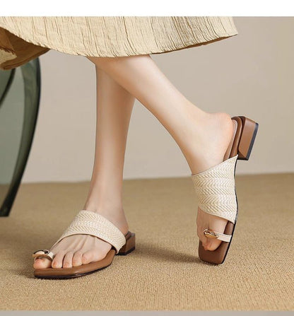Sample Chunky Heel Square Toe Metal Accent Straw Toe Loop Sandals