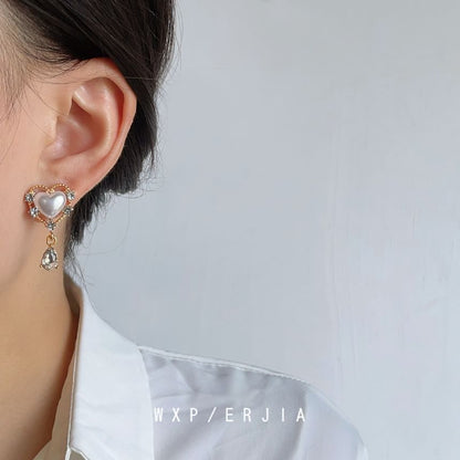 Clip Rhinestone Earring Pearl Heart On Faux Drop