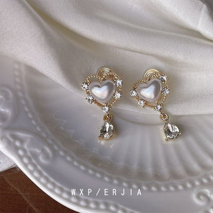 Clip Rhinestone Earring Pearl Heart On Faux Drop