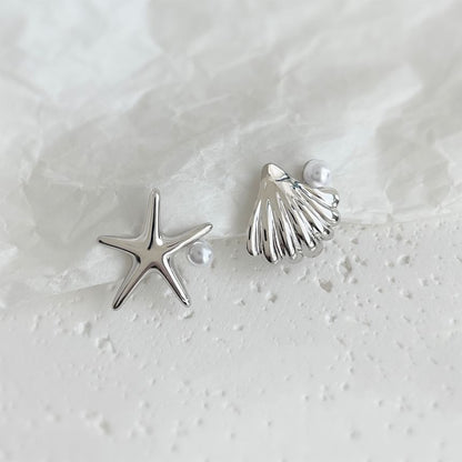 On Pearl Asymmetrical Faux Earring Starfish Clip Shell