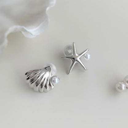 On Pearl Asymmetrical Faux Earring Starfish Clip Shell