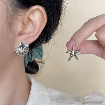 On Pearl Asymmetrical Faux Earring Starfish Clip Shell