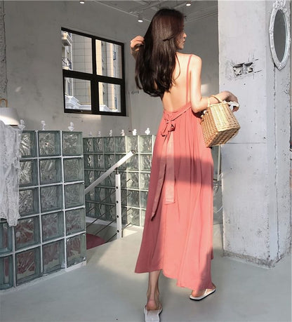 Spaghetti Sundress Plain Back Strap Open Maxi