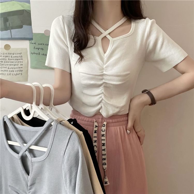 Criss Knit Notch Top Plain Cross Short-Sleeve Neck Ruched
