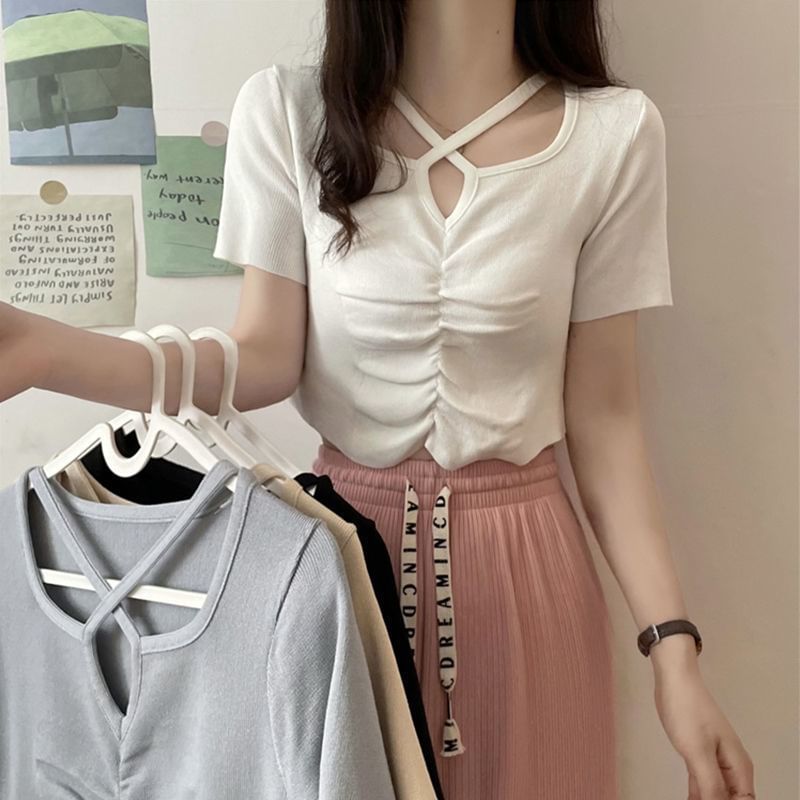 Criss Knit Notch Top Plain Cross Short-Sleeve Neck Ruched