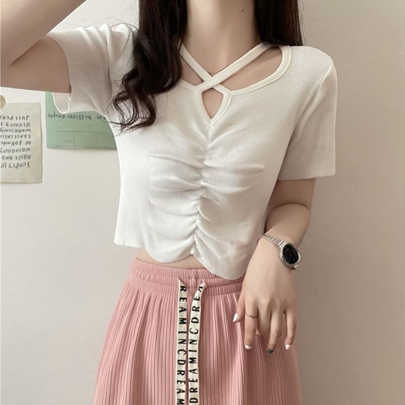 Criss Knit Notch Top Plain Cross Short-Sleeve Neck Ruched