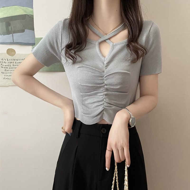 Criss Knit Notch Top Plain Cross Short-Sleeve Neck Ruched