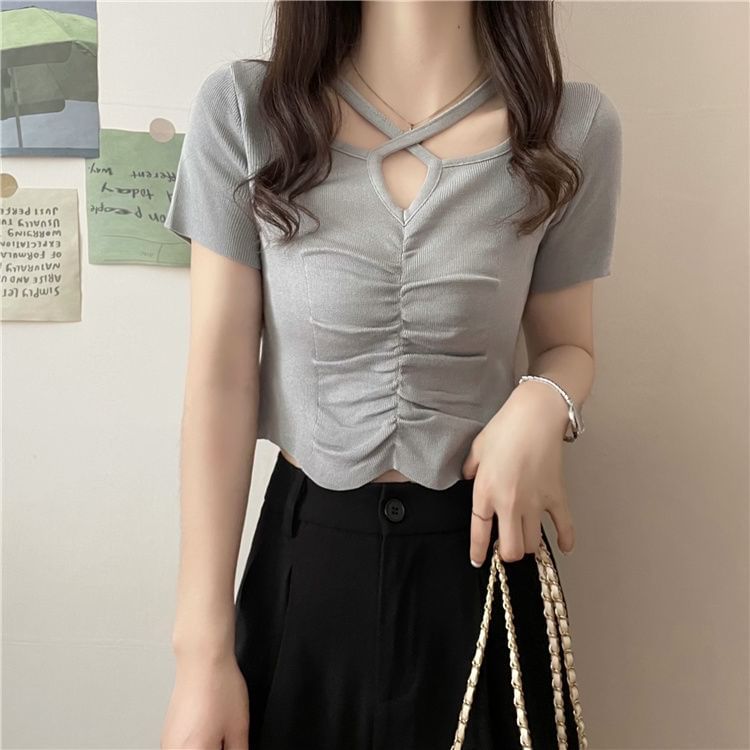 Criss Knit Notch Top Plain Cross Short-Sleeve Neck Ruched
