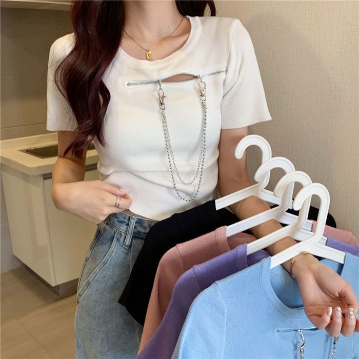 Plain T-Shirt Zip Short-Sleeve Crew Neck Chain