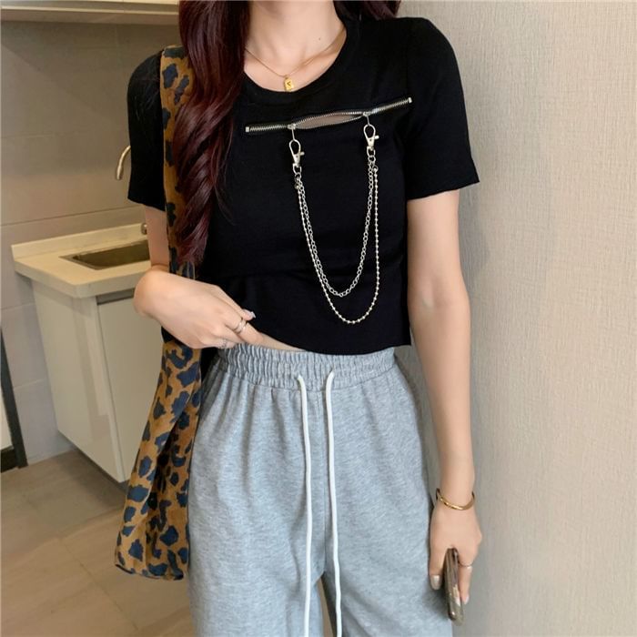 Plain T-Shirt Zip Short-Sleeve Crew Neck Chain