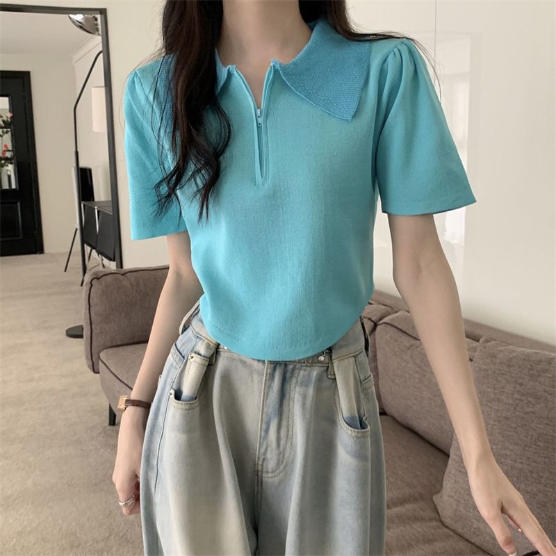 Short-Sleeve Collared Top Knit Zip Half