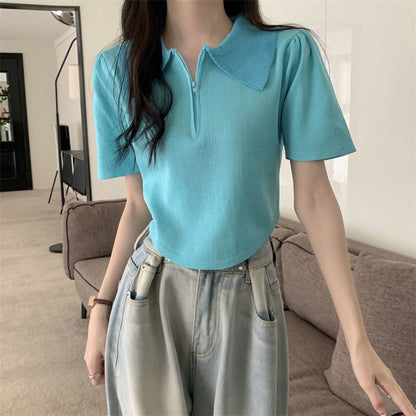 Short-Sleeve Collared Top Knit Zip Half