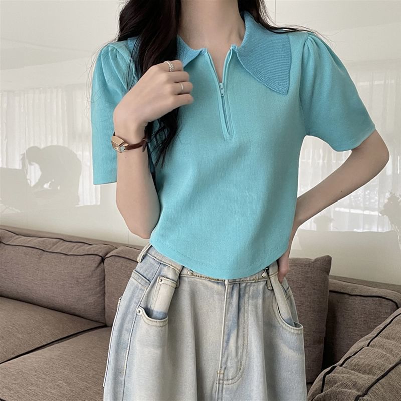 Short-Sleeve Collared Top Knit Zip Half