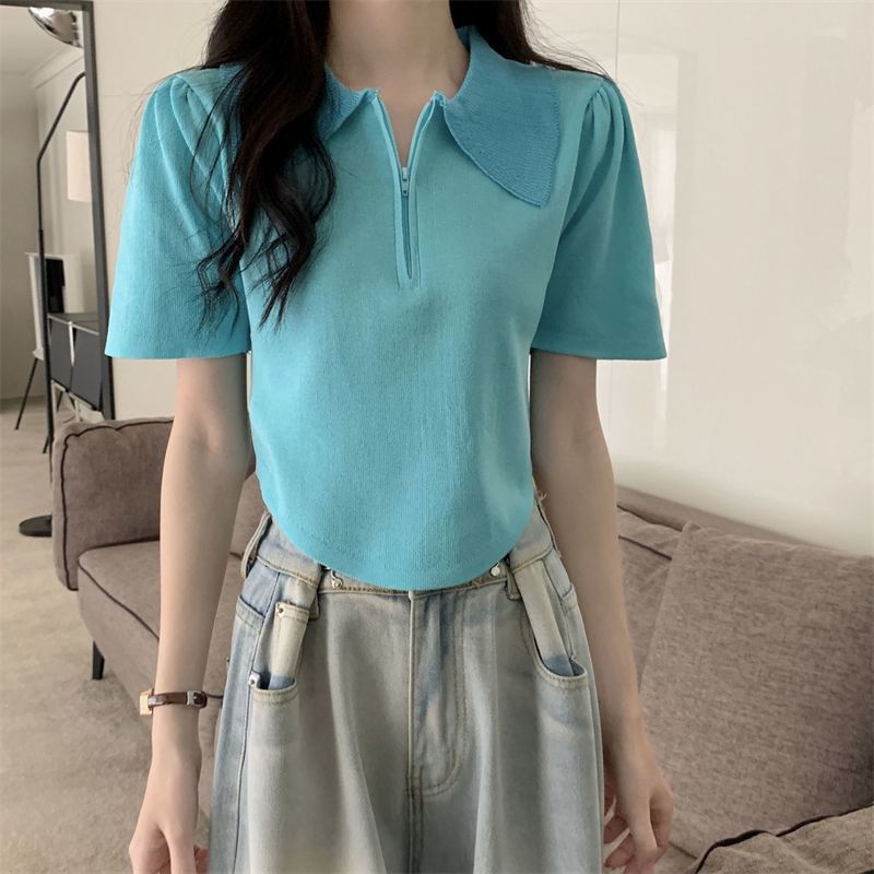 Short-Sleeve Collared Top Knit Zip Half