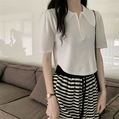 Short-Sleeve Collared Top Knit Zip Half