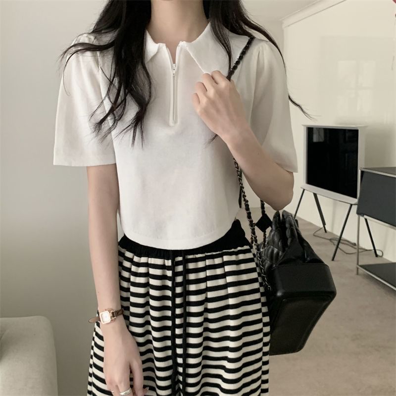 Short-Sleeve Collared Top Knit Zip Half